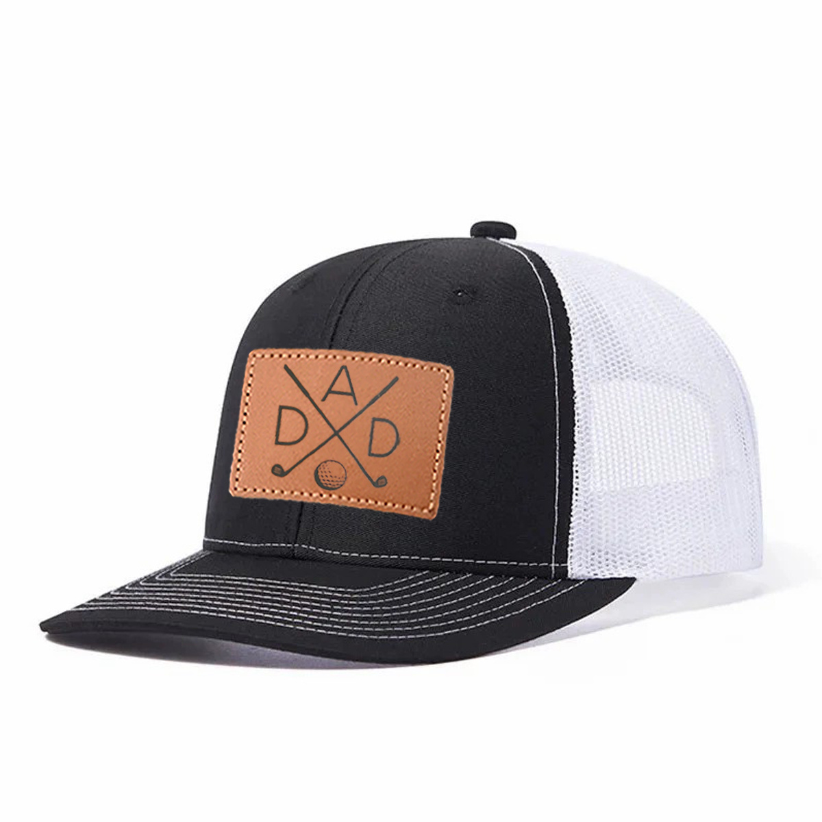 Dad Golf Leather Patch Trucker Hat product details