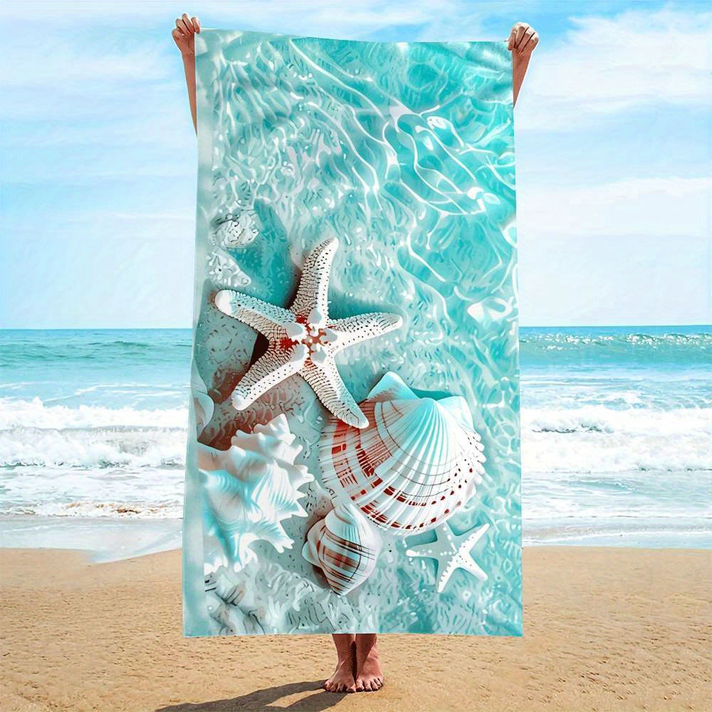 Serviette de plage en microfibre (1 pièce), motif coquillage et étoile de mer, séchage rapide, conception enveloppante résistante, idéale pour la plage et la piscine._voghion.com