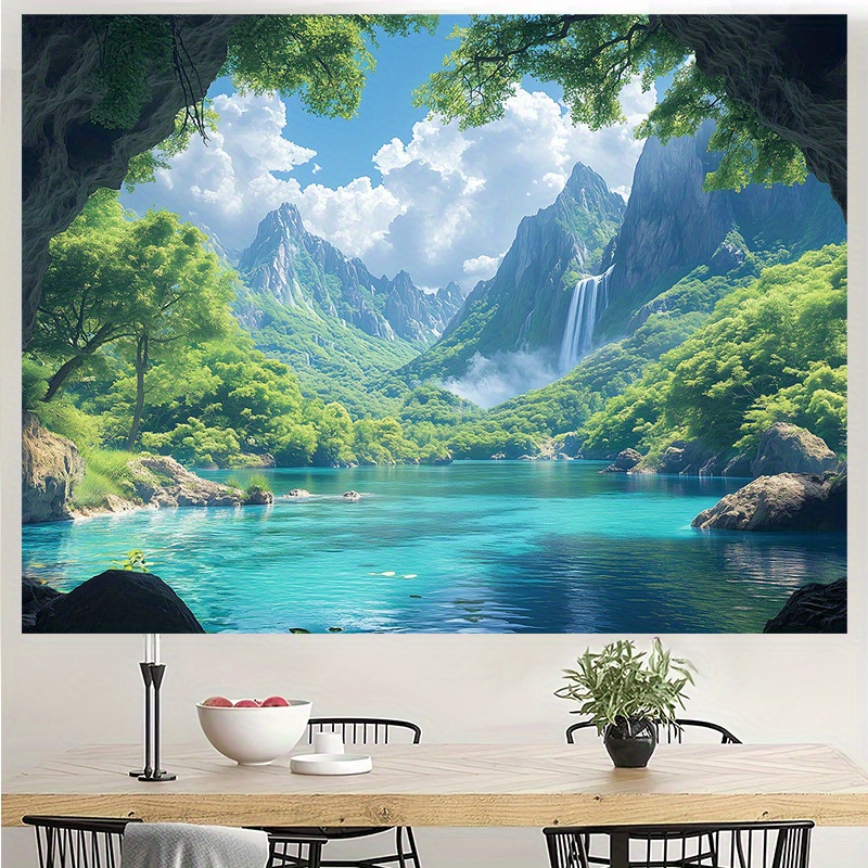 1pc Extra Large Natural Tapestry Tropical Waterfall Lush Greenery Blue Waters Easy Hang No Installation For Living Room Bedroom Party Background_voghion.com