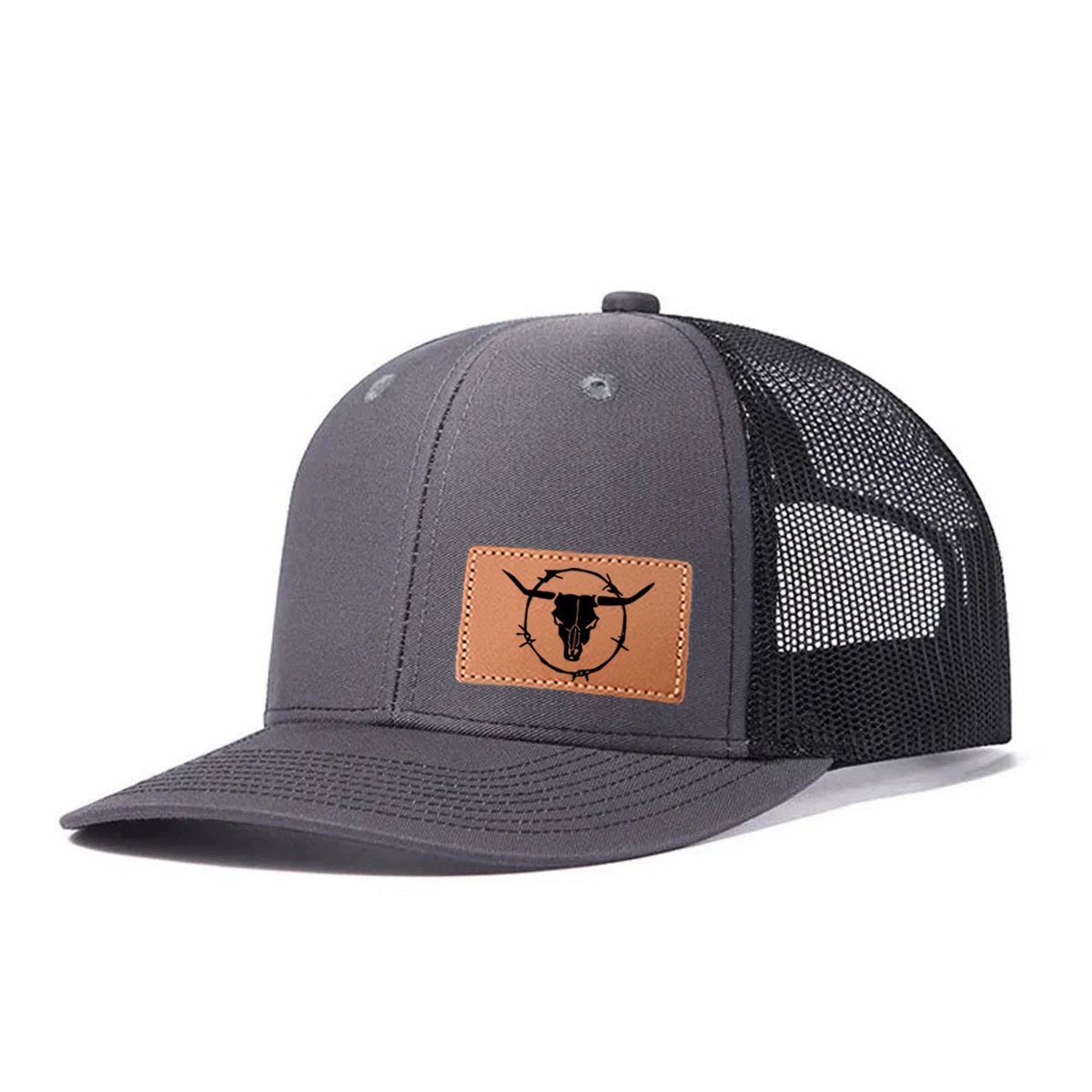 Black Bull Horns Leather Patch Trucker Hat product details