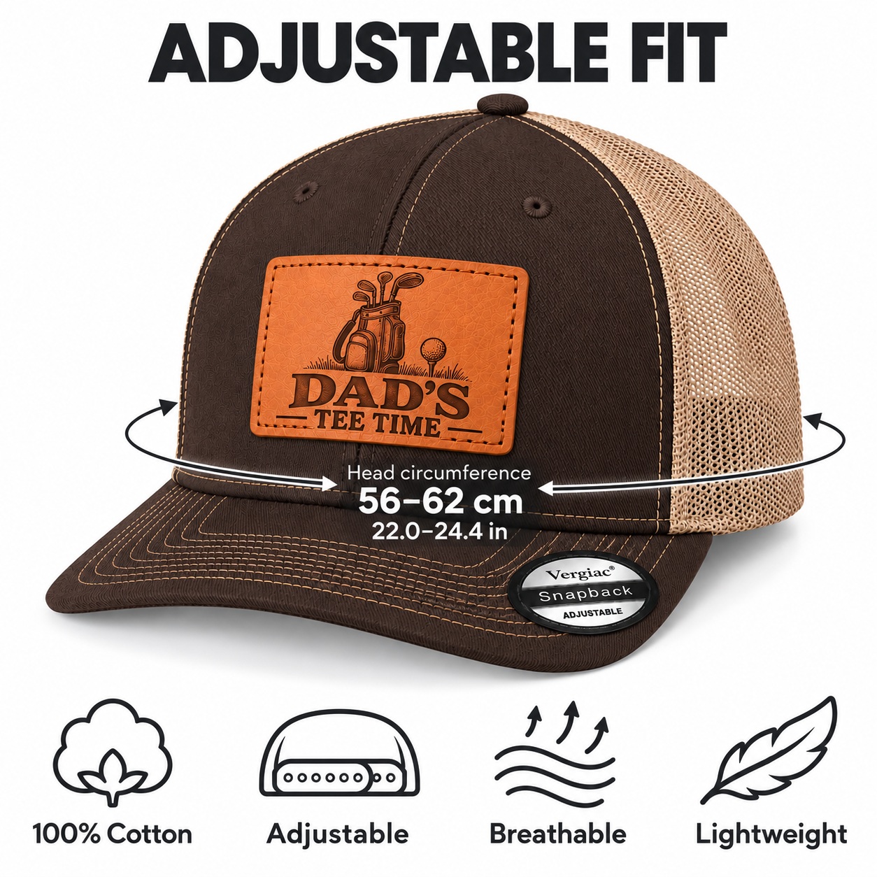 Dad's Tee Time Golf Club Graphic Leather Patch Trucker Hat product details