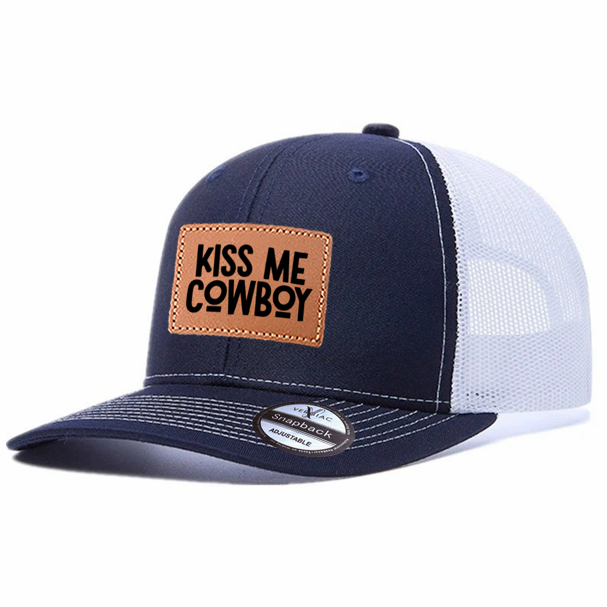 Kiss Me Cowboy Leather Patch Trucker Hat product details