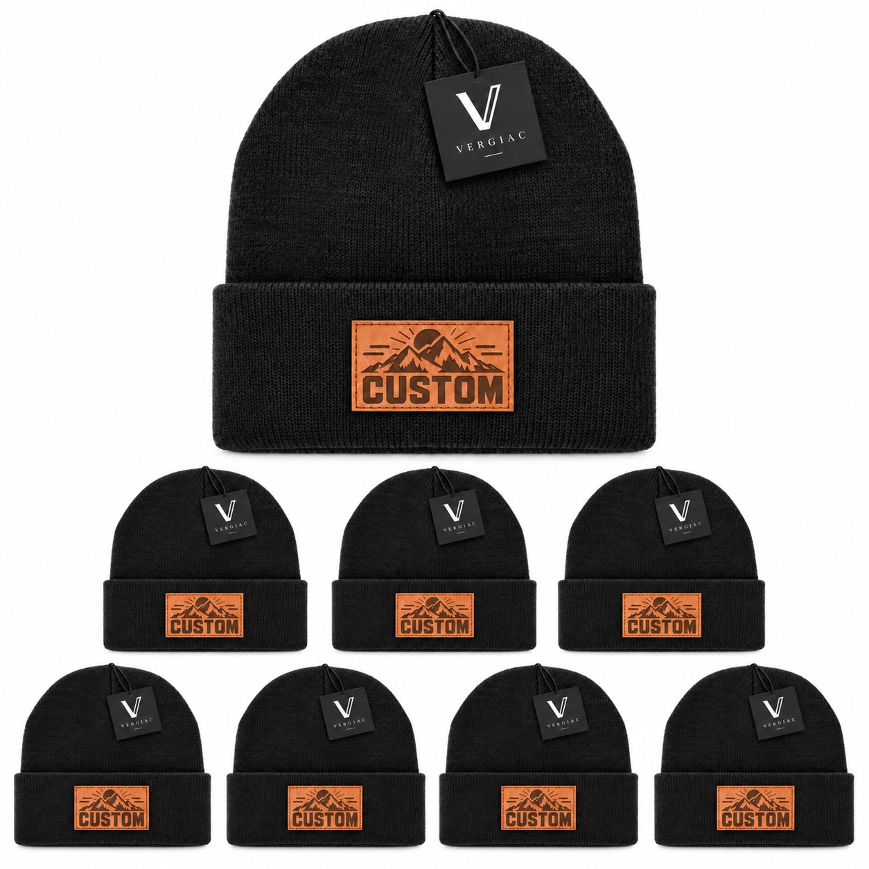 Custom Leather Patch Knit Beanies (8-Pack) product details
