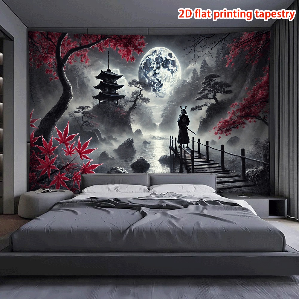 Samurai Under Moon Wall Hanging Tapestry 1 Piece Home Decor Tapestry For Living Room Bedroom Dorm Office Background Holiday Gift Indoor Outdoor_voghion.com