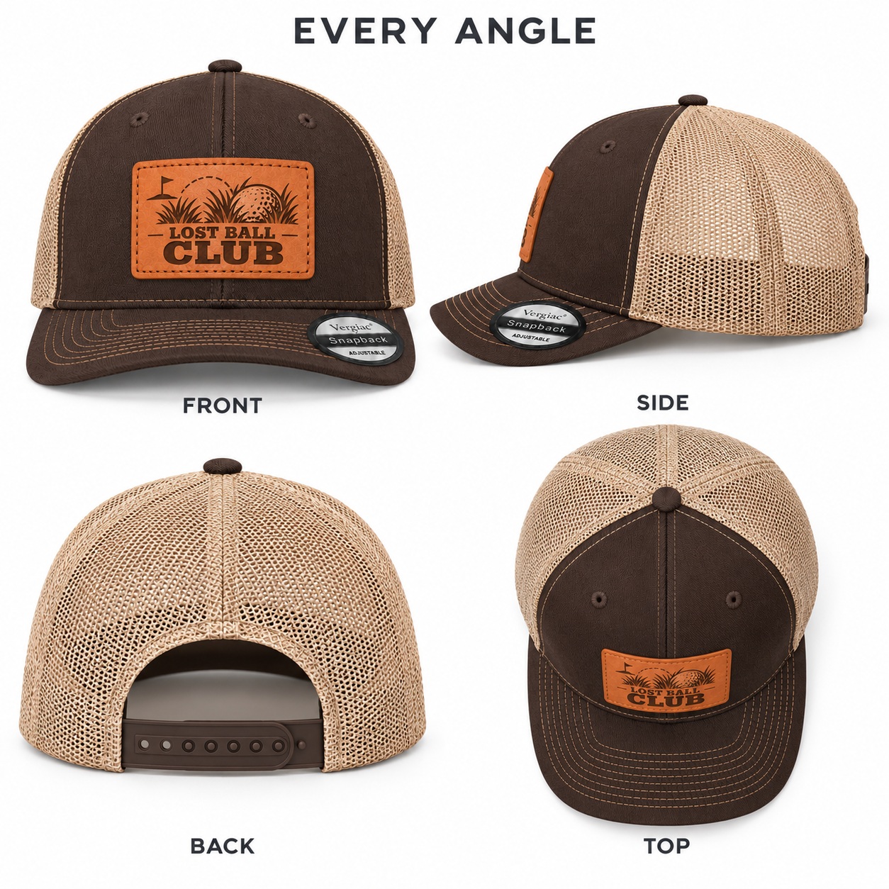 Lost Ball Club Golf Graphic Leather Patch Trucker Hat product details