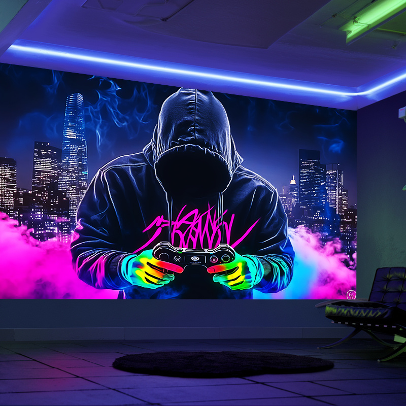 Tapisserie murale fluorescente « Manette de jeu Mysterious Man » (1 pièce), réactive aux UV, sans alimentation, idéale pour chambre, salle de jeux ou bar._voghion.com