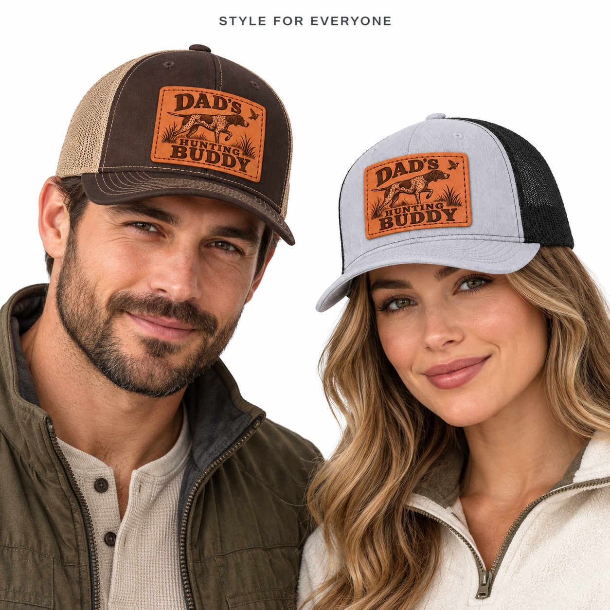 Dad's Hunting Buddy Hunting Dog And Bird Graphic Leather Patch Trucker Hat product details