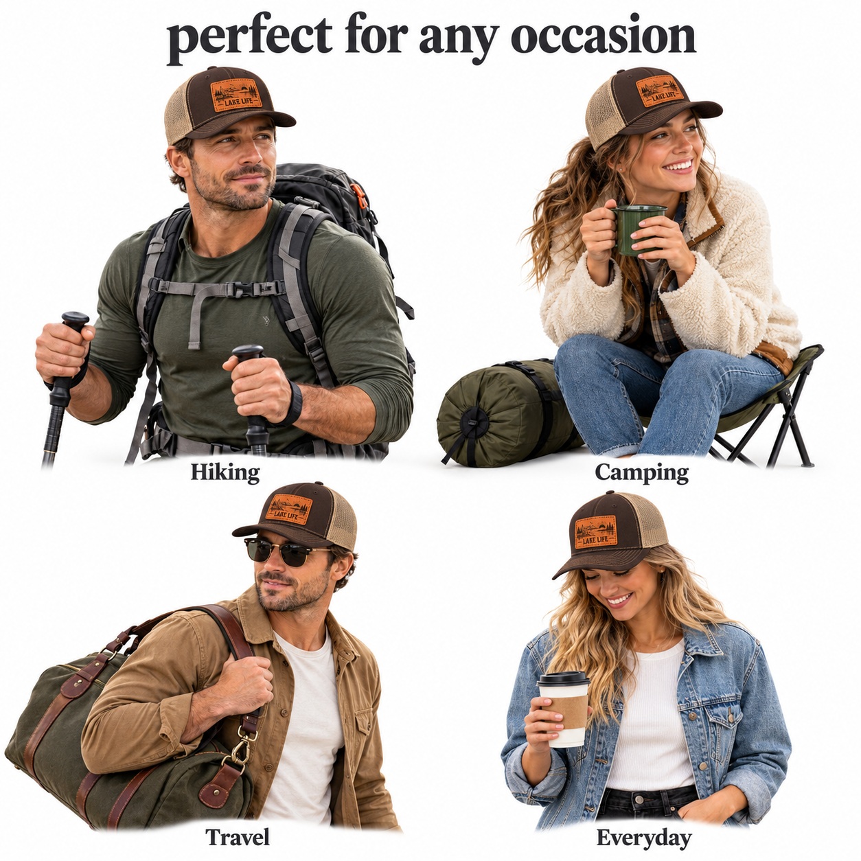 Lake Life Lakeside Chair And Mountain Graphic Leather Patch Trucker Hat product details