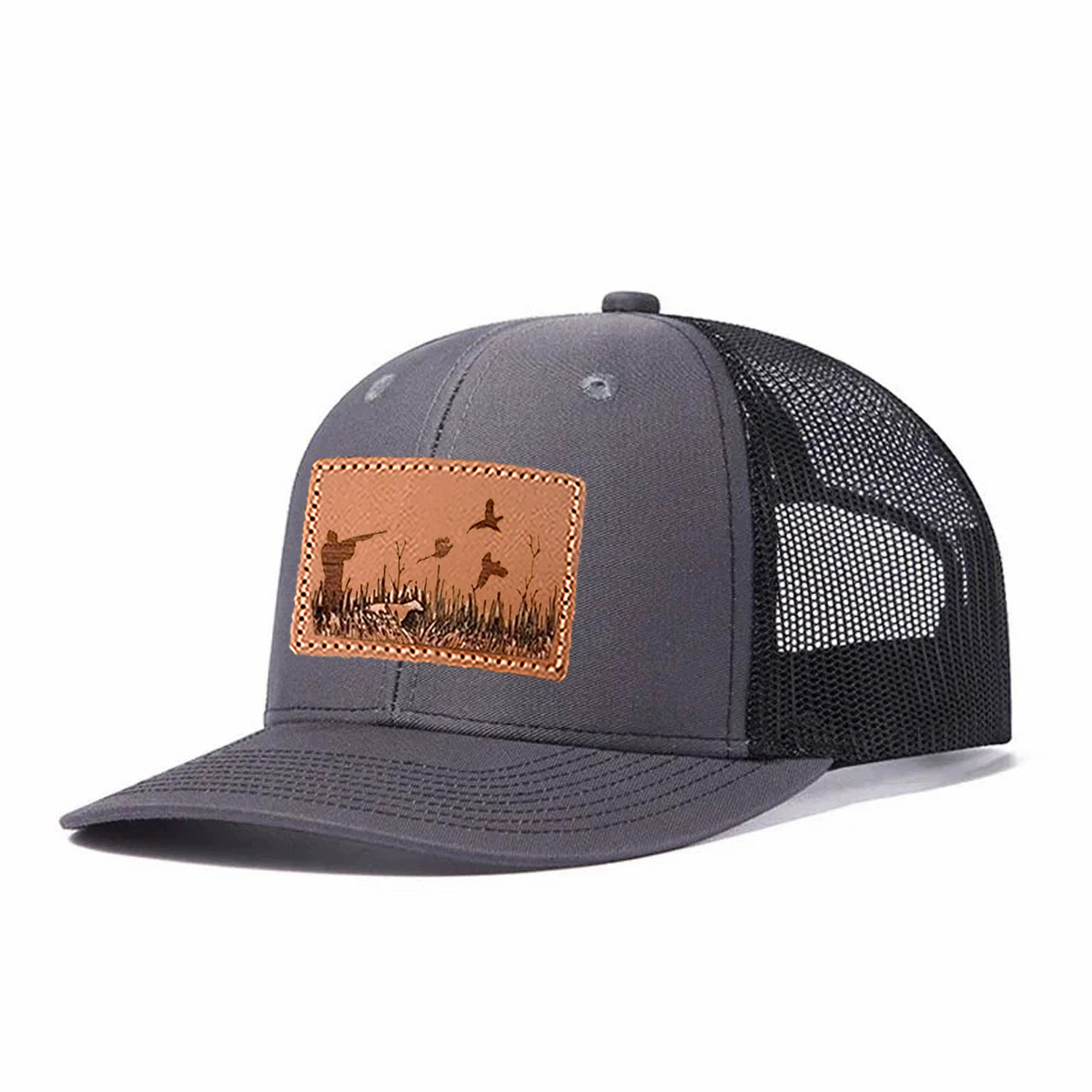 Upland Bird Hunting Scene Leather Patch Trucker Hat product details