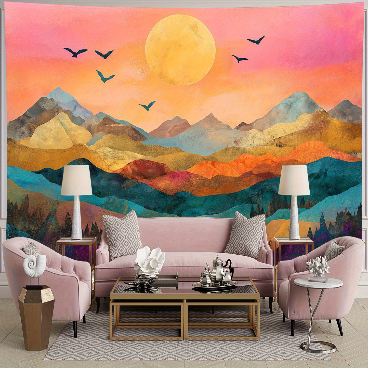 Stunning Vibrant Mountain Landscape Tapestry Polyester Wall Hanging With Sunset Forests Birds For Bedroom Office Living Room With Mounting Parts_voghion.com