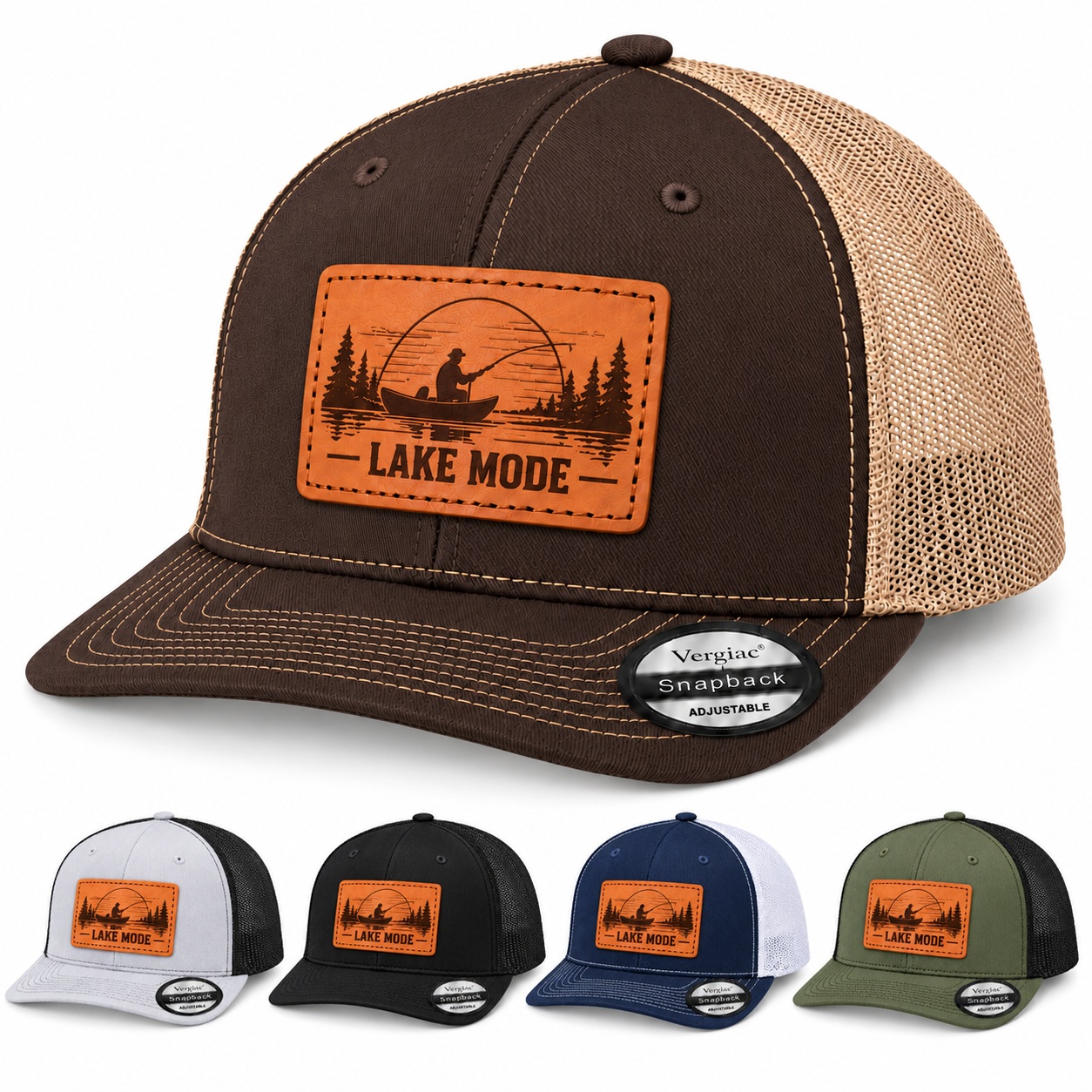 Lake Mode Lake Fishing Graphic Leather Patch Trucker Hat product details