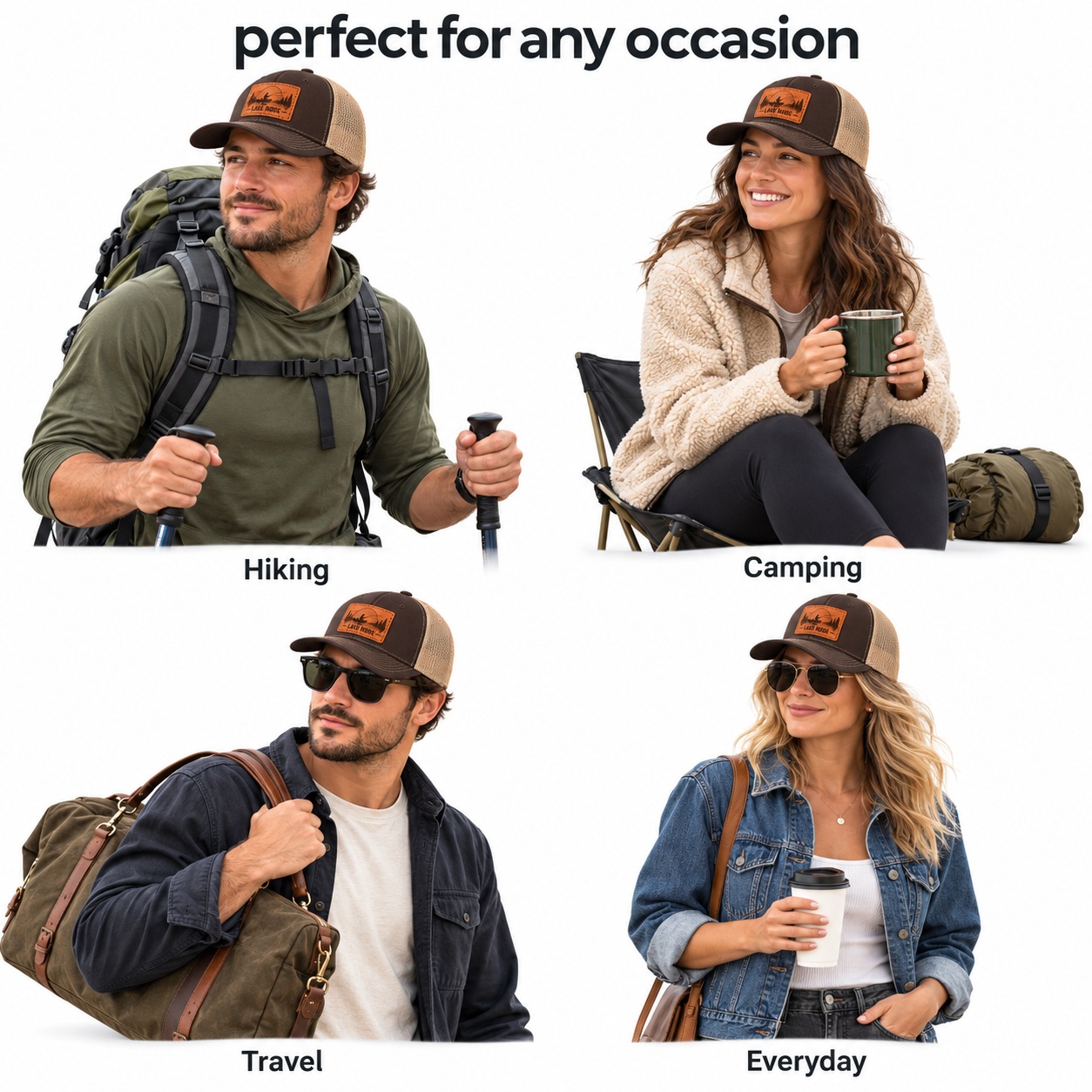 Lake Mode Lake Fishing Graphic Leather Patch Trucker Hat product details