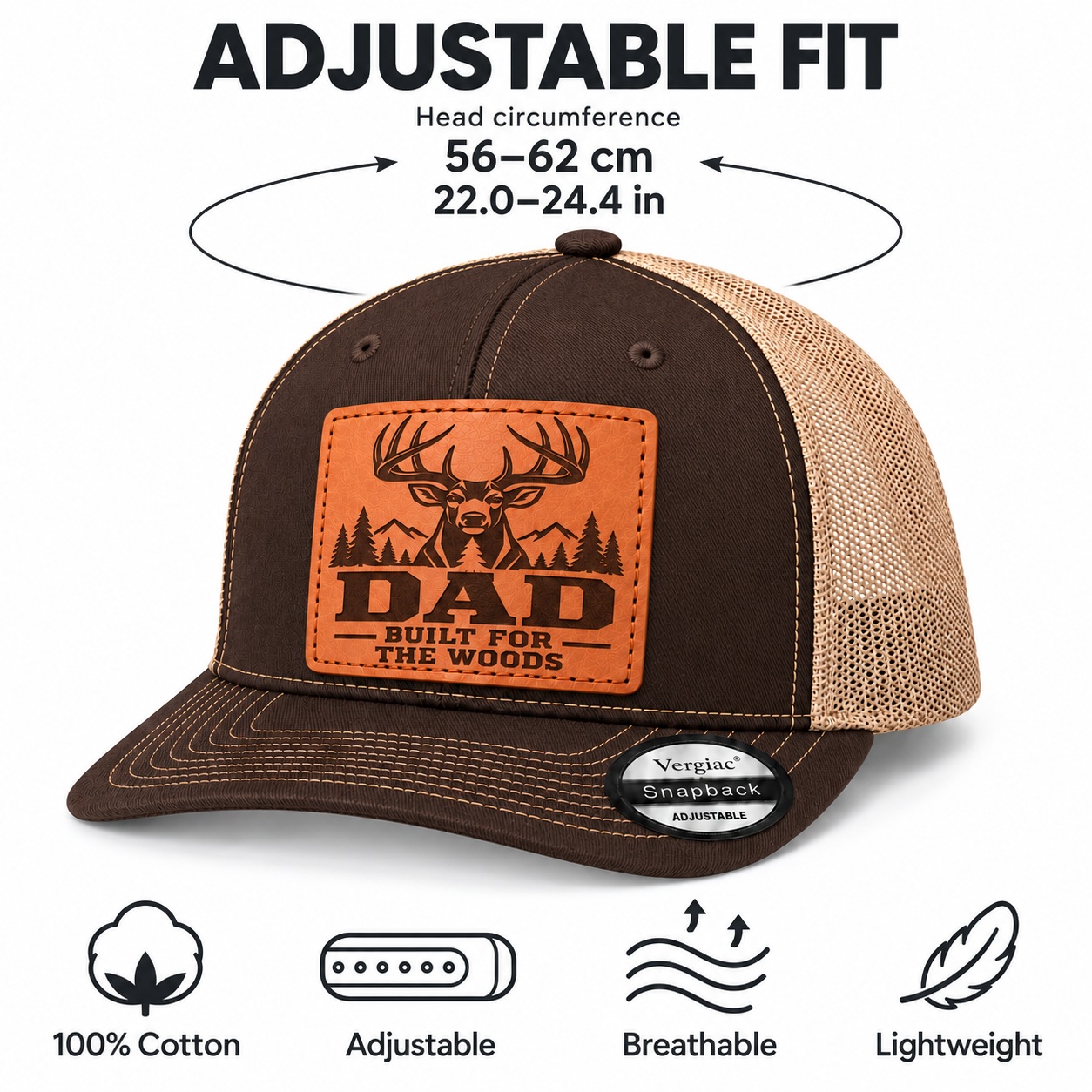 Dad Built for the Woods Leather Patch Trucker Hat product details