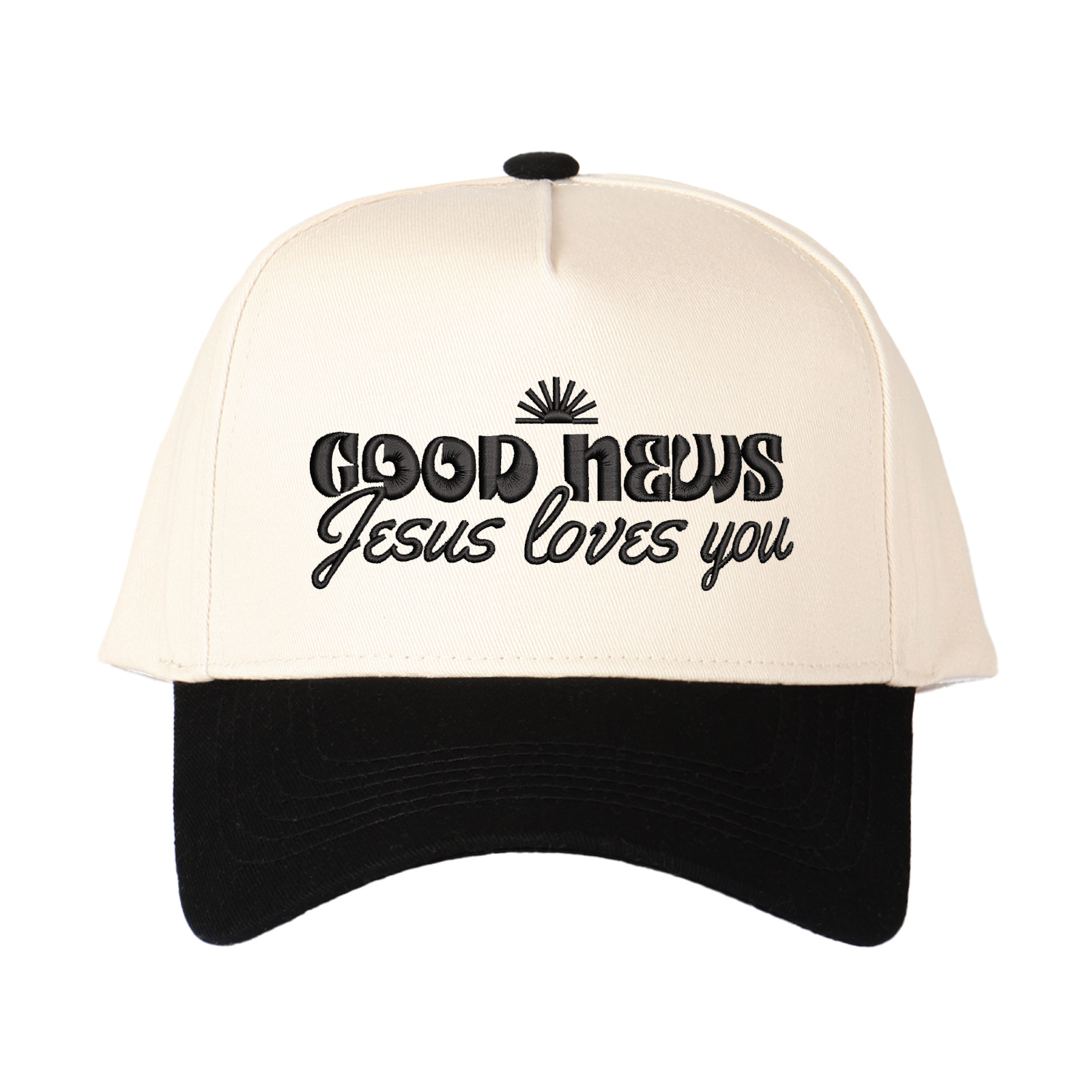 Good News Jesus Loves You Embroidered Trucker Hat product details