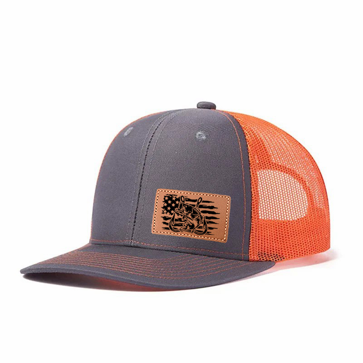 Fishing-themed Leather Patch Trucker Hat product details