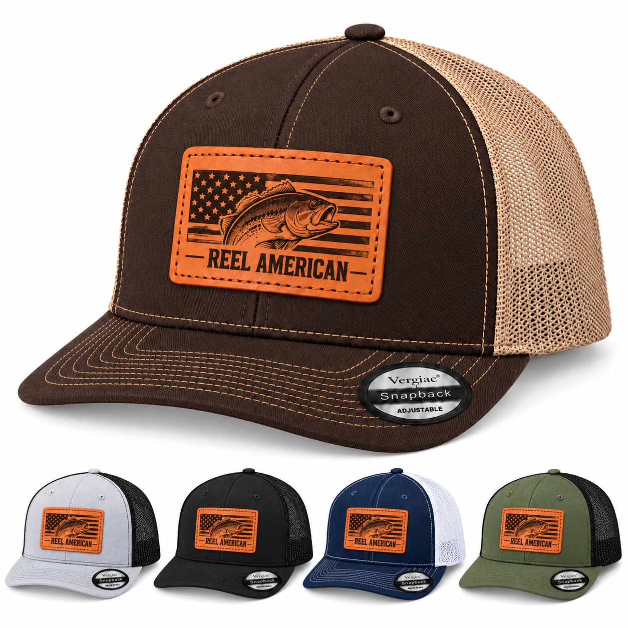 Reel American American Flag And Bass Graphic Leather Patch Trucker Hat product details
