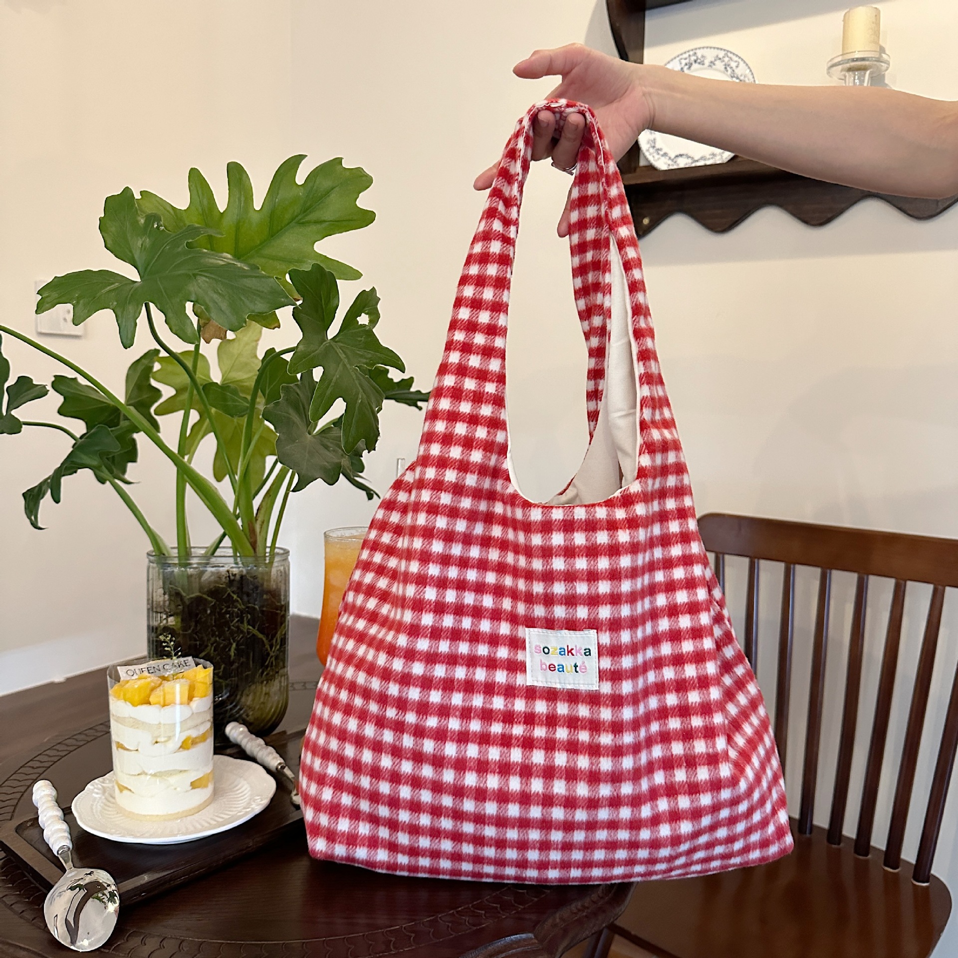 Korean Ins Sweet Pink Gingham Hobo Tote Bag Soft Fabric Letter Patch Large Capacity Ladies Campus Casual Shoulder Purse_voghion.com