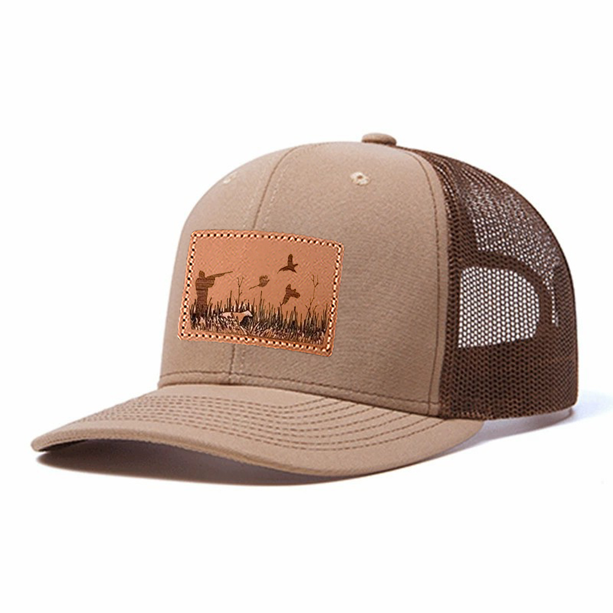 Upland Bird Hunting Scene Leather Patch Trucker Hat product details