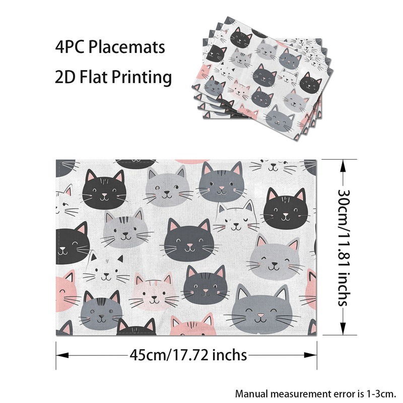 Set van 4 speelse placemats met kattengezichtjes en kattenprint. Een vrolijke, opvallende print, 30 x 45 cm (12 x 18 inch)._voghion.com