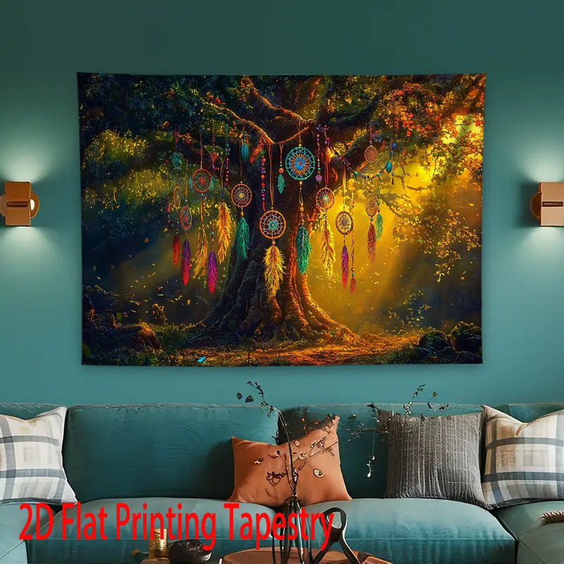 Boho Dreamcatcher Tree Tapestry 2D Flat Printing Fantasy Forest Pattern Polyester Wall Hanging For Home Living Room Bedroom Office Yoga Studio Decor_voghion.com