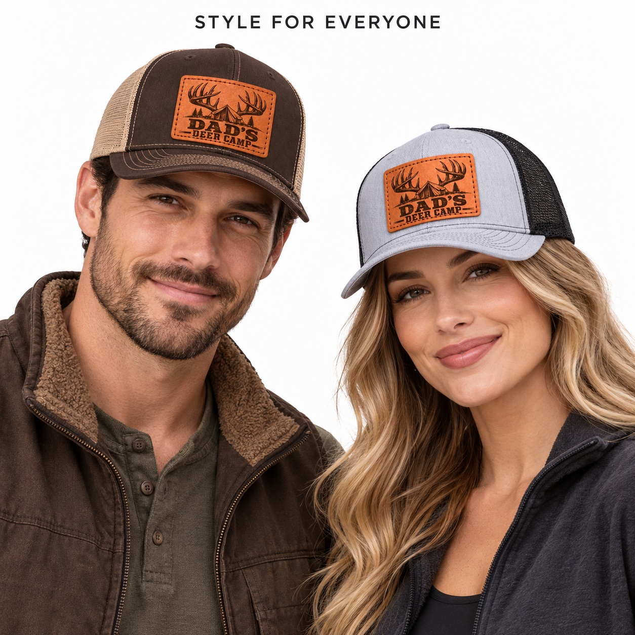 Dad's Deer Camp Antler And Tent Graphic Leather Patch Trucker Hat product details