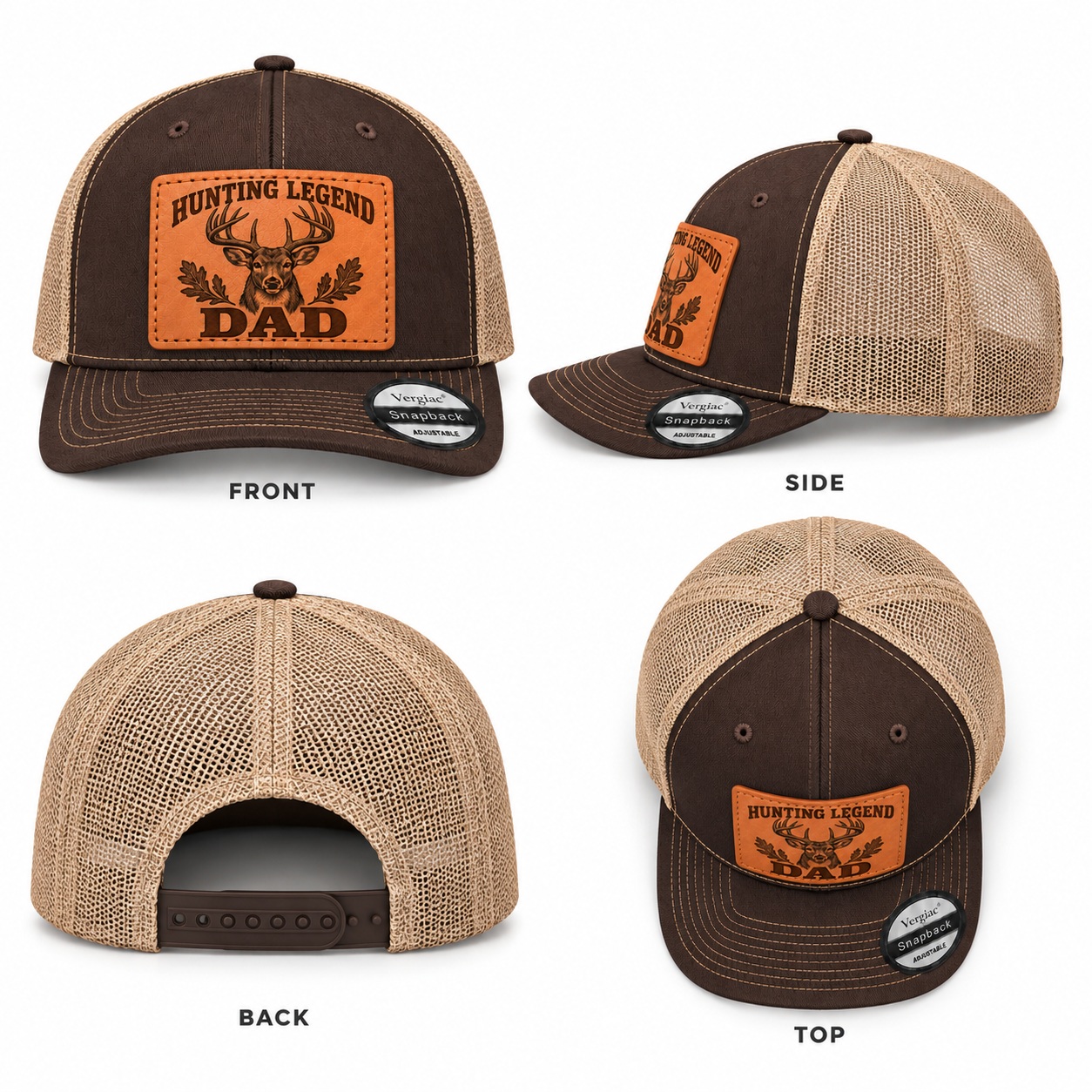 Hunting Legend Dad Deer Head And Oak Leaf Graphic Leather Patch Trucker Hat product details