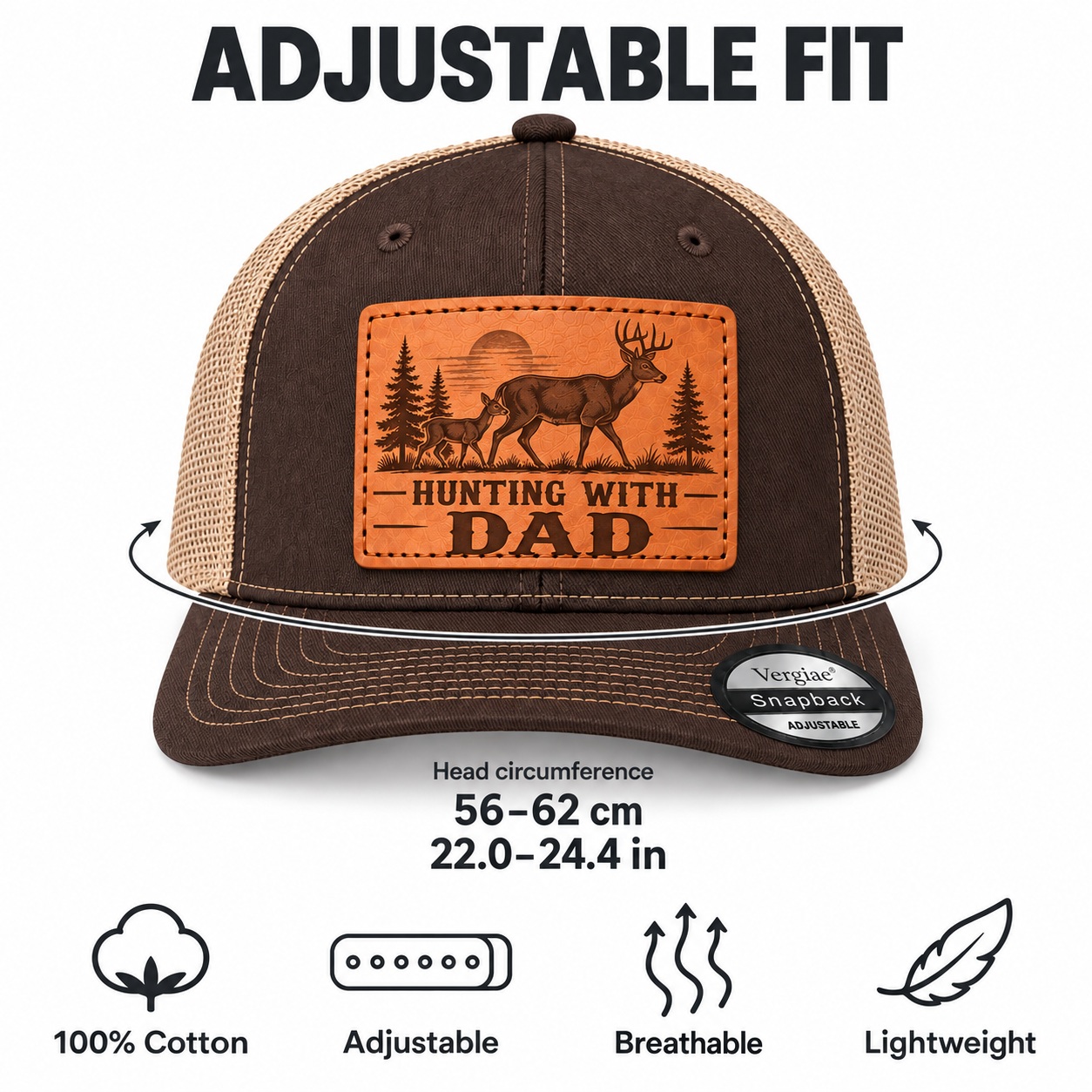 Hunting With Dad Deer And Pine Tree Graphic Leather Patch Trucker Hat product details