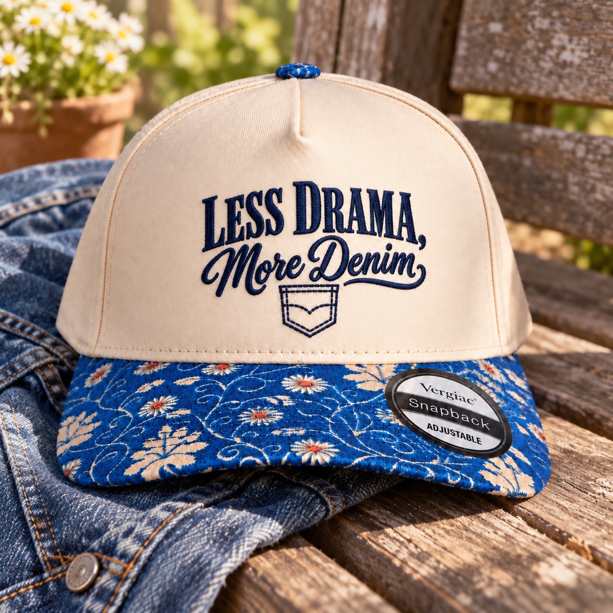 Less Drama, More Denim 5-Panel Trucker Hat product details