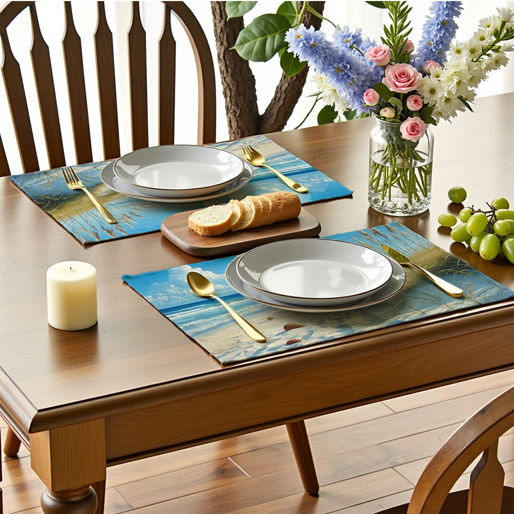 Ensemble de 4 sets de table turquoise et blancs à motif plage côtière - Vagues, coquillages et empreintes de pas réalistes, texture bleu clair et sable_voghion.com