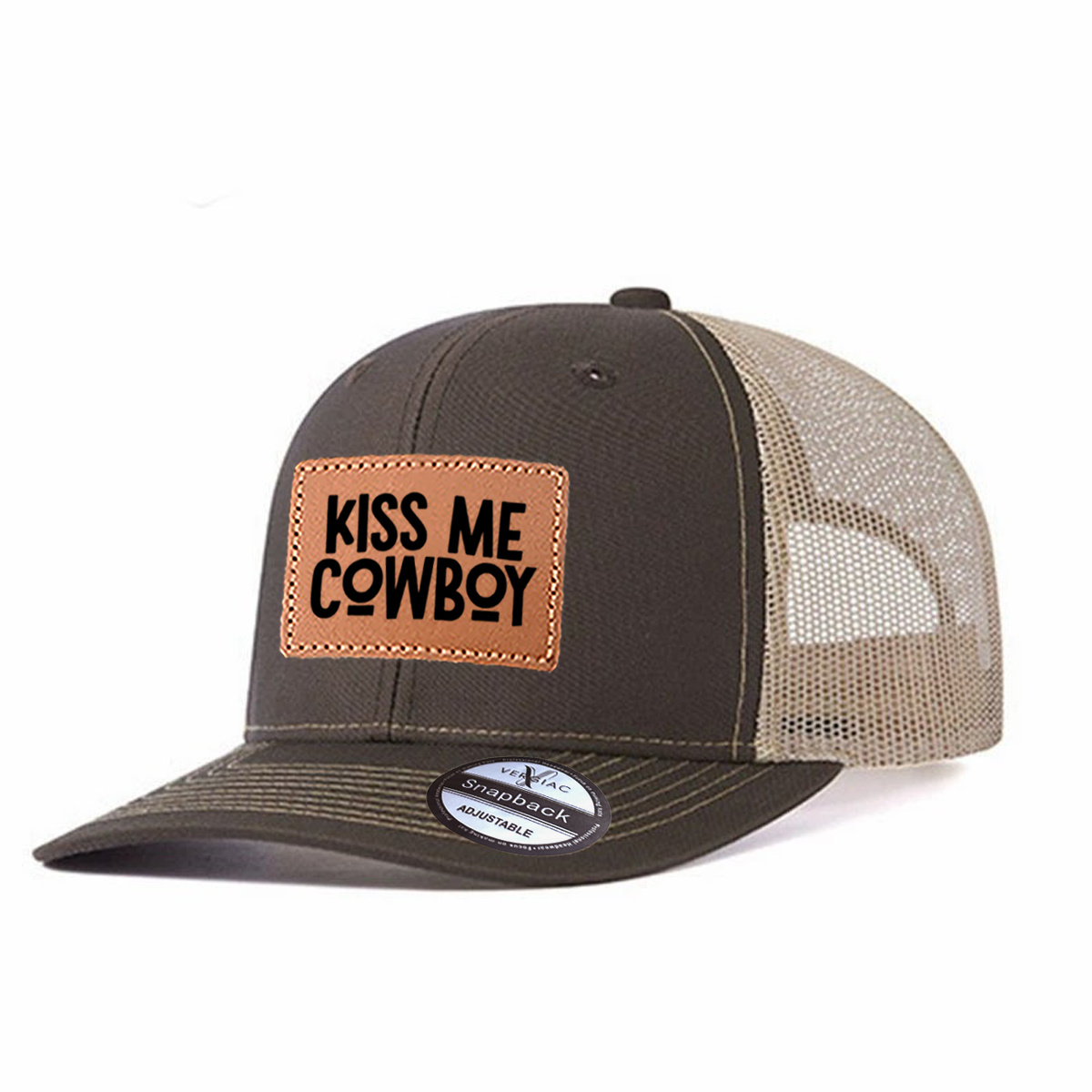 Kiss Me Cowboy Leather Patch Trucker Hat product details