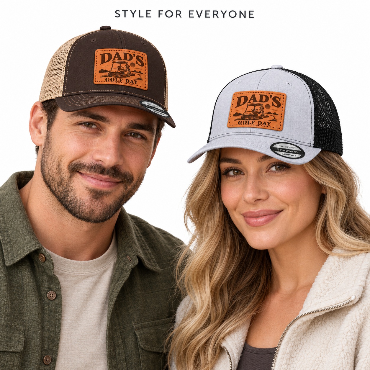 Dad's Golf Day Golf Cart Graphic Leather Patch Trucker Hat product details