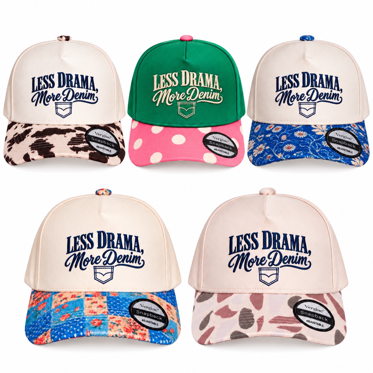 Less Drama, More Denim 5-Panel Trucker Hat product details
