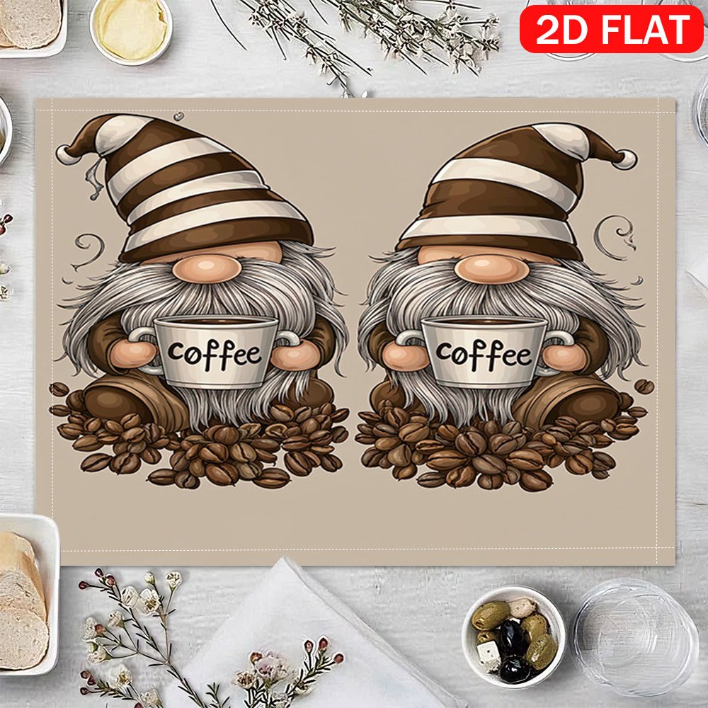 2/4/6pcs Placemats 2D Flat 30X45Cm/11.81X17.72Inch Coffee Gnome Mug Scene Table Mats | Polyester, Heat-Resistant, Scald-Proof, Suitable For Indoor_voghion.com