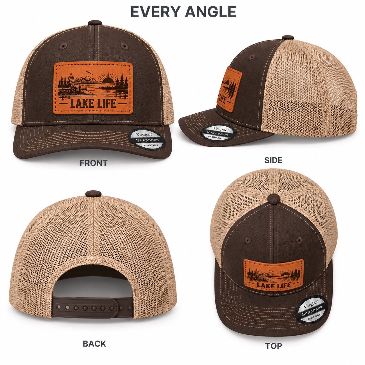 Lake Life Lakeside Chair And Mountain Graphic Leather Patch Trucker Hat product details