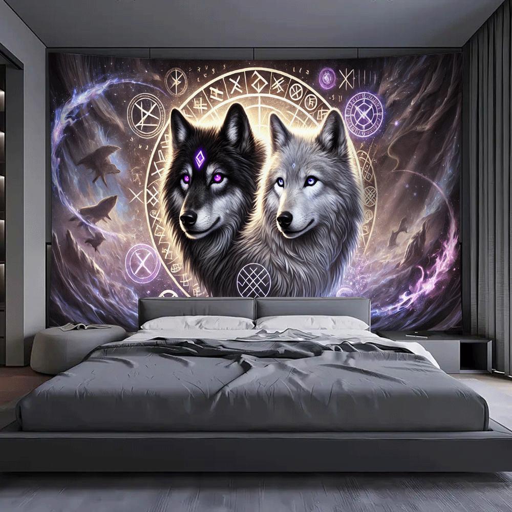 Purple Light Twin Wolves 1pc Large Wall Tapestry Home Decoration Suitable For Living Room Bedroom Dorm Party Decor Holiday Gift Outdoor Use_voghion.com