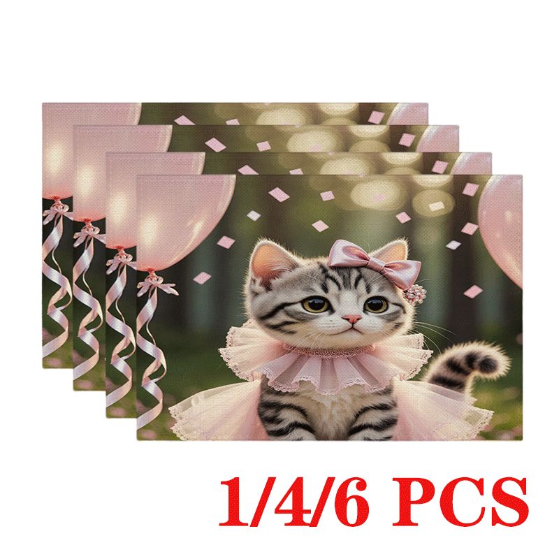 Lot de 1/4/6 sets de table rectangulaires - 30,48 x 45,72 cm - Sets de table rose chaton pour anniversaire avec motif 2D, sets de table en polyester résistant et lavable_voghion.com