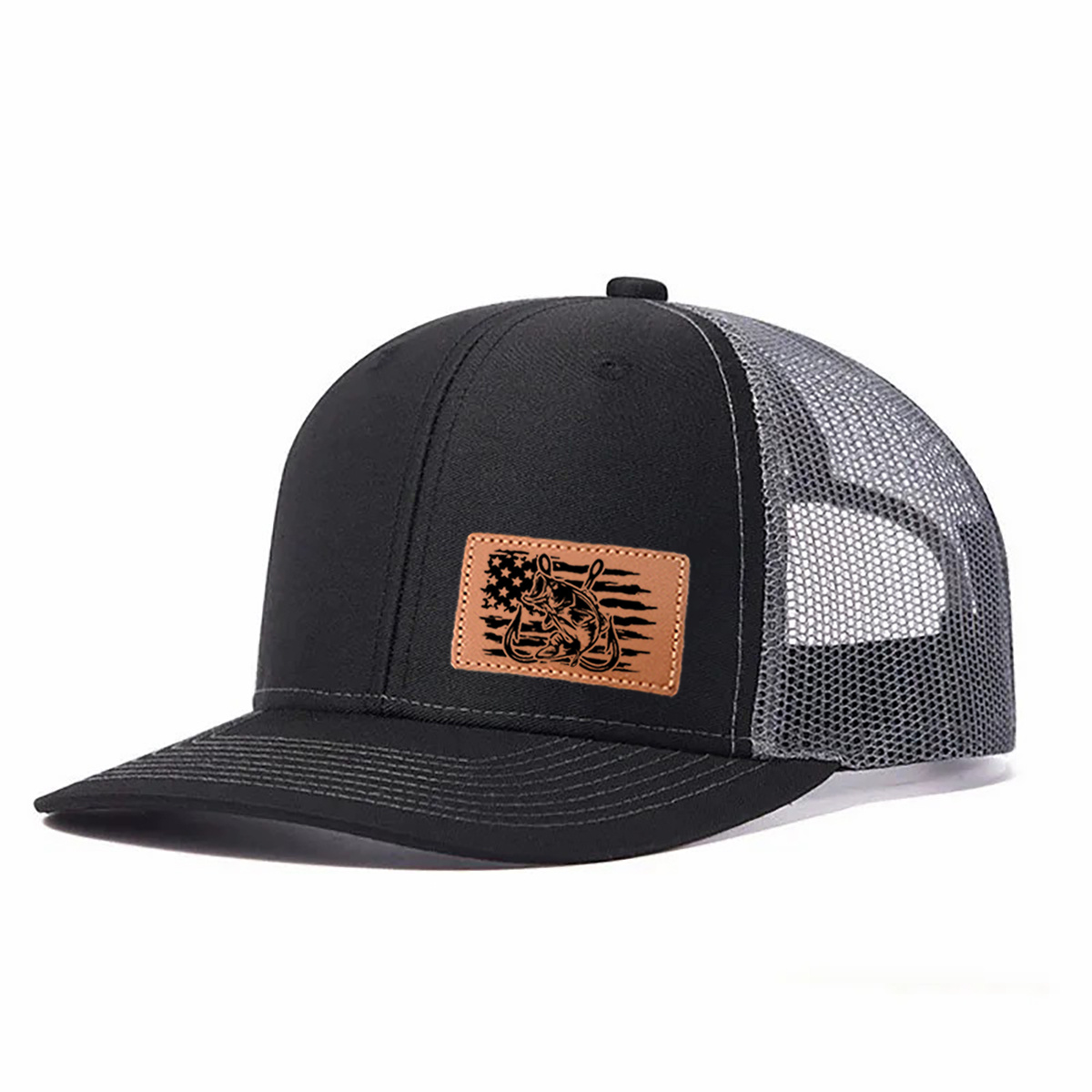 Fishing-themed Leather Patch Trucker Hat product details