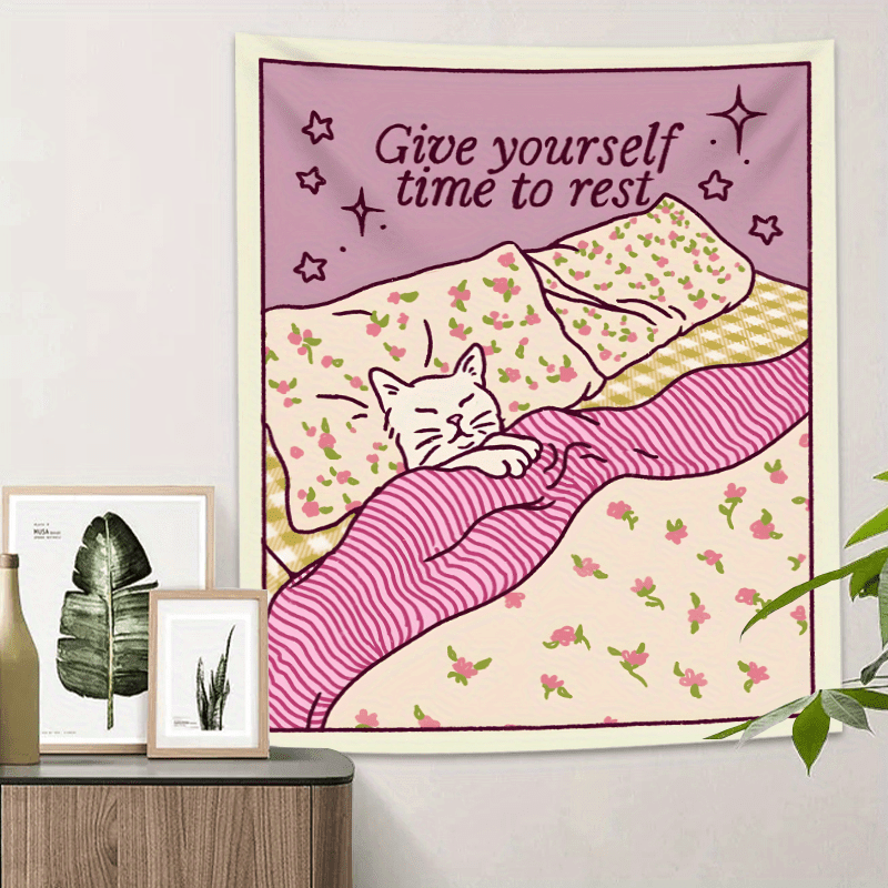 Durable Fade Resistant Polyester Chic Pink Cat Tapestry Inspirational Quote Cozy Floral Striped Design Versatile Wall Decor Bedroom Living Room Dorm_voghion.com