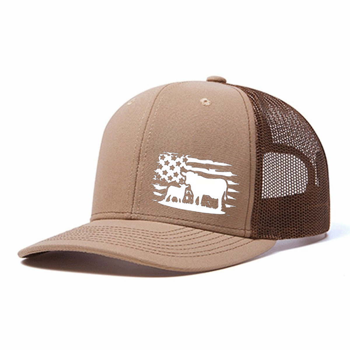American Flag And Cattle Silhouette Leather Patch Trucker Hat product details