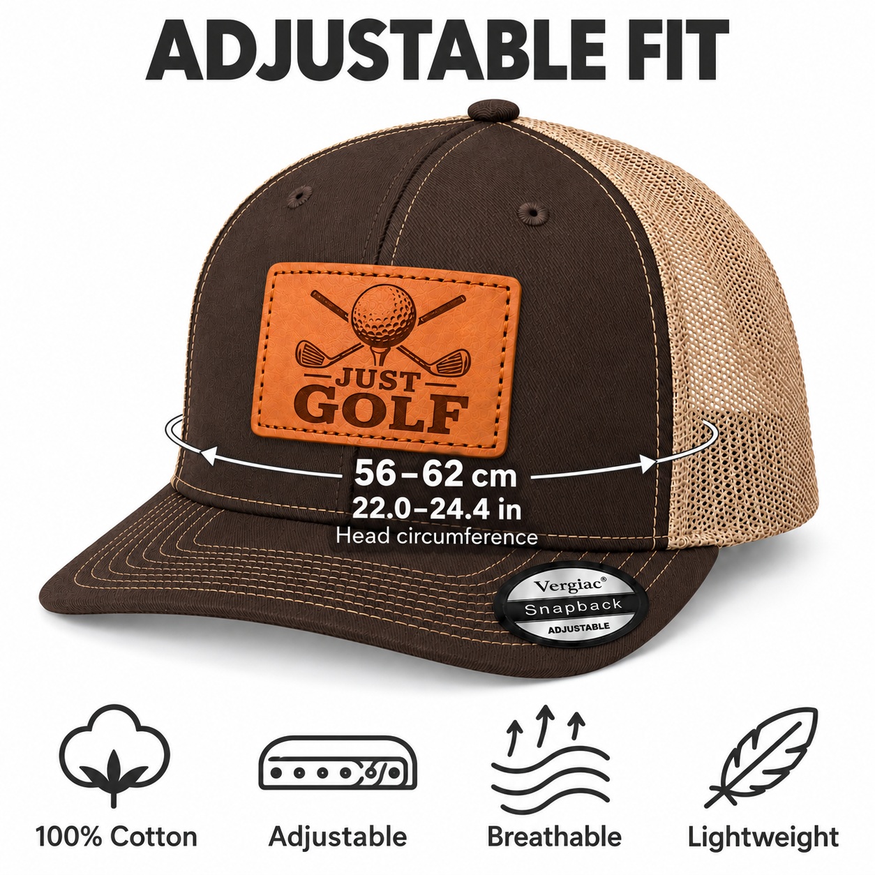 Just Golf Golf Club Graphic Leather Patch Trucker Hat product details
