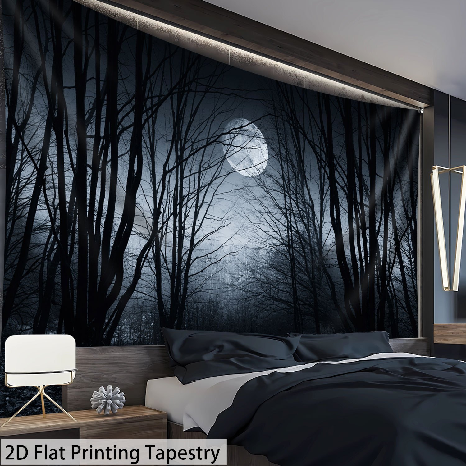 Oversized 320cm By 240cm 2D Flat Printed Tapestry Moonlit Night Eerie Forest Scene HD Digital Print Polyester Wall Hanging Home Decor_voghion.com