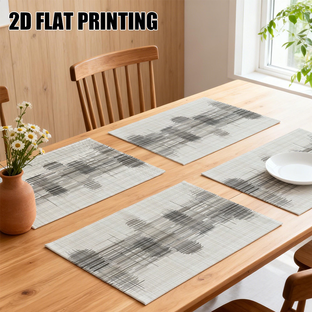 4er-Set Tischsets aus Stoff mit abstraktem, linearem, grauem Skizzenmuster. Elegante rechteckige Tischsets, geeignet für Esszimmer, Küche und als Geschenk._voghion.com