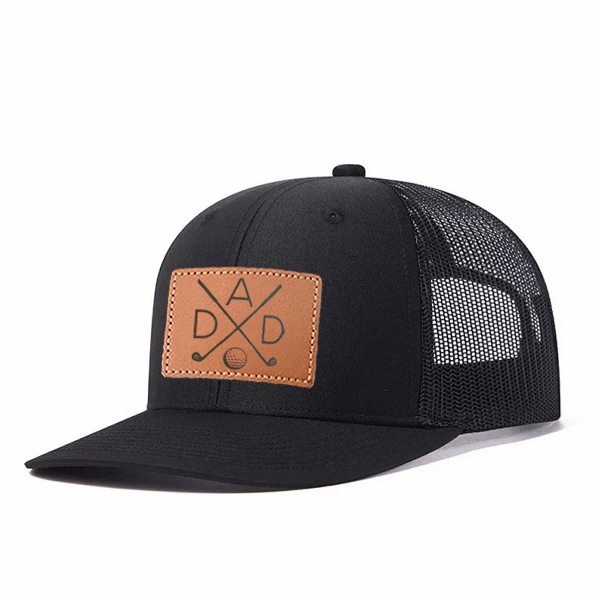 Dad Golf Leather Patch Trucker Hat product details