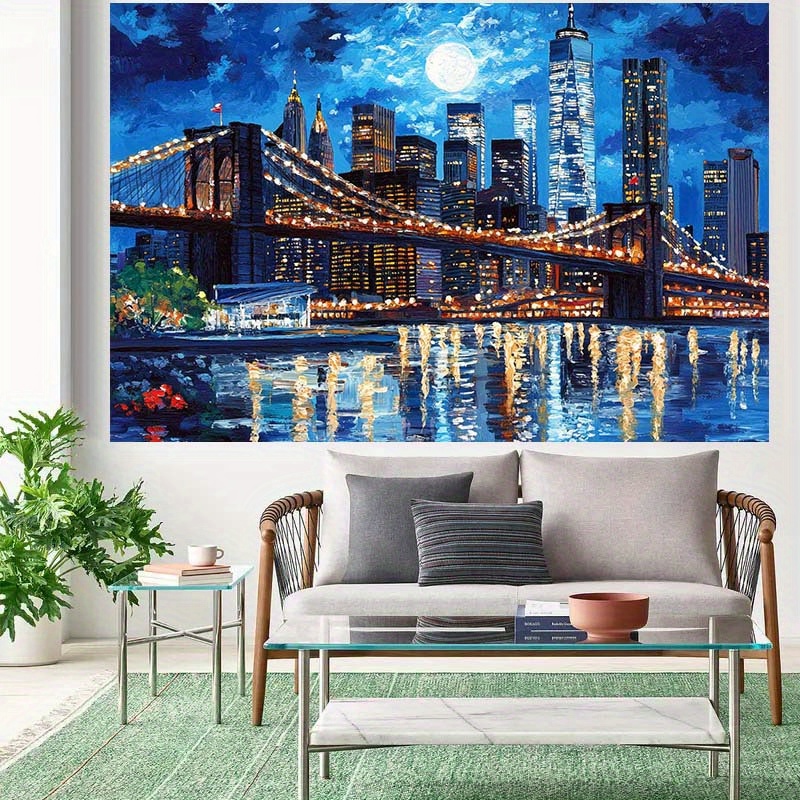 Tapeçaria de parede com o horizonte de Nova York, ponte iluminada e lua cheia, em poliéster, para decoração de festas de aniversário e como pano de fundo para fotografia (1 unidade)._voghion.com