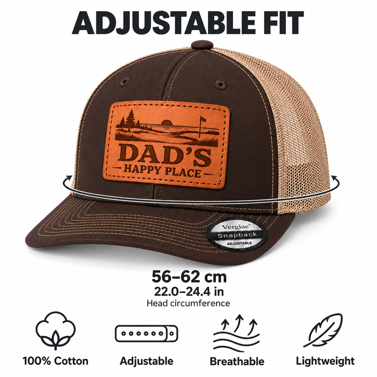 Dad's Happy Place Sunset Golf Course Graphic Leather Patch Trucker Hat product details