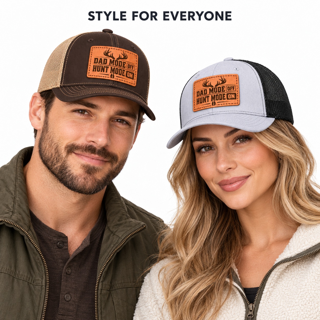 Dad Mode Off Hunt Mode On Antler Graphic Leather Patch Trucker Hat product details
