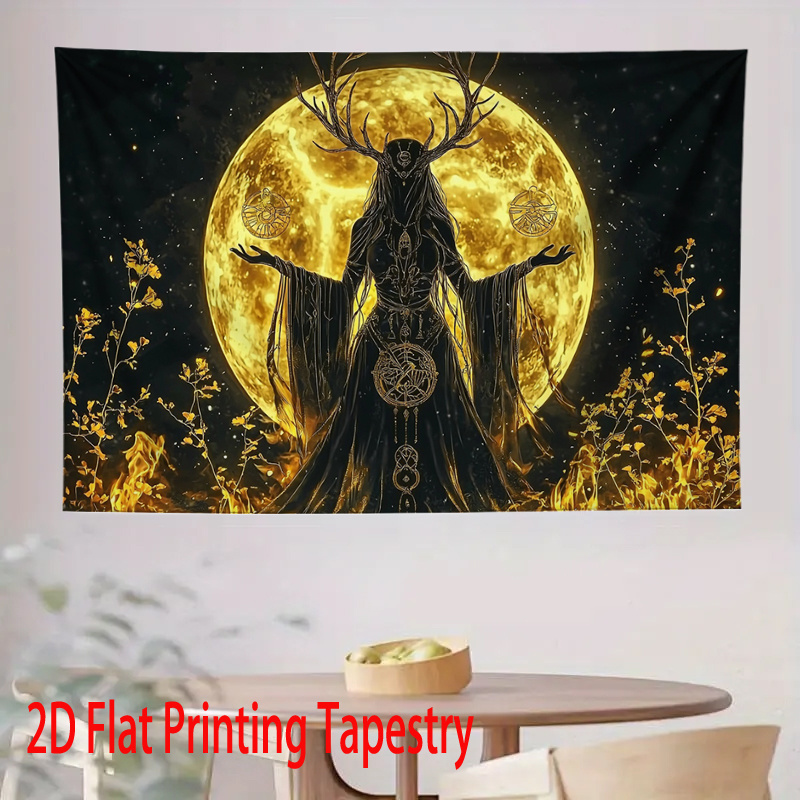 Tapiz plano 2D: un tapiz con una impresión plana en 2D de una diosa lunar con astas, perfecto para decorar tu hogar, sala de estar, dormitorio u oficina._voghion.com