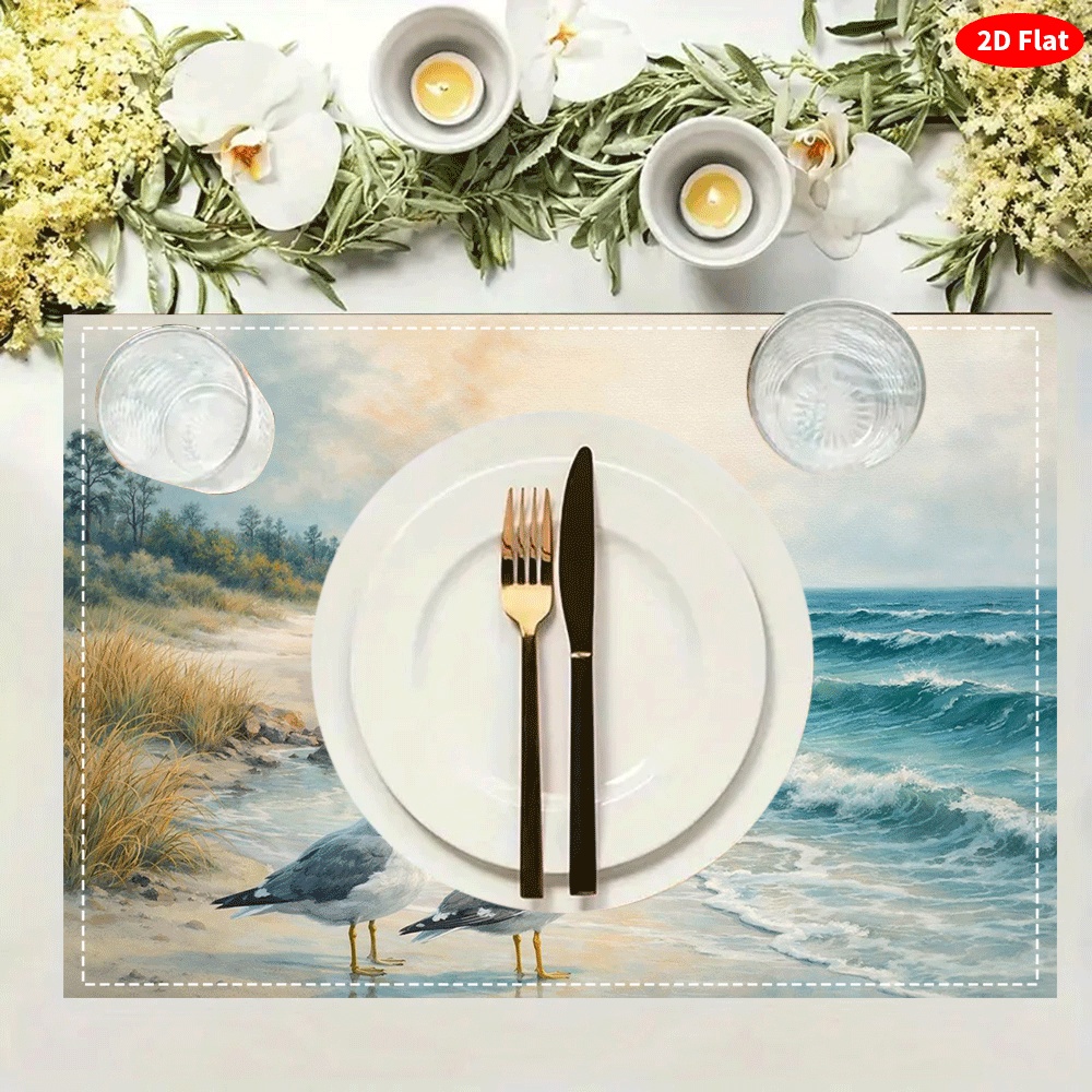 6pcs Seagull Beach Placemats Suitable & Dining Table Decor, Heat-Resistant Washable Table Mats With Nautical Seagull Print, Hand Washable Table_voghion.com