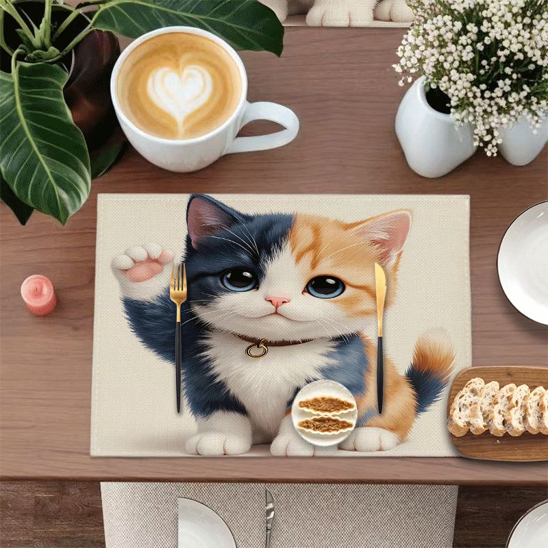 1/4/6 rechteckige Platzsets – 30,48 x 45,72 cm, Untersetzer mit Katzenmotiven und niedlichen 2D-Cartoon-Elementen, strapazierfähige und waschbare Tischsets aus Polyester_voghion.com