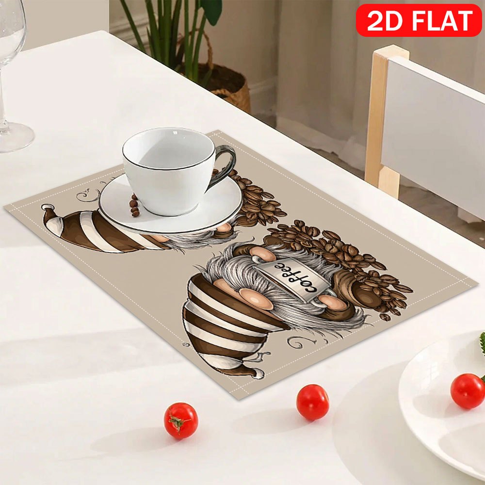 2/4/6pcs Placemats 2D Flat 30X45Cm/11.81X17.72Inch Coffee Gnome Mug Scene Table Mats | Polyester, Heat-Resistant, Scald-Proof, Suitable For Indoor_voghion.com